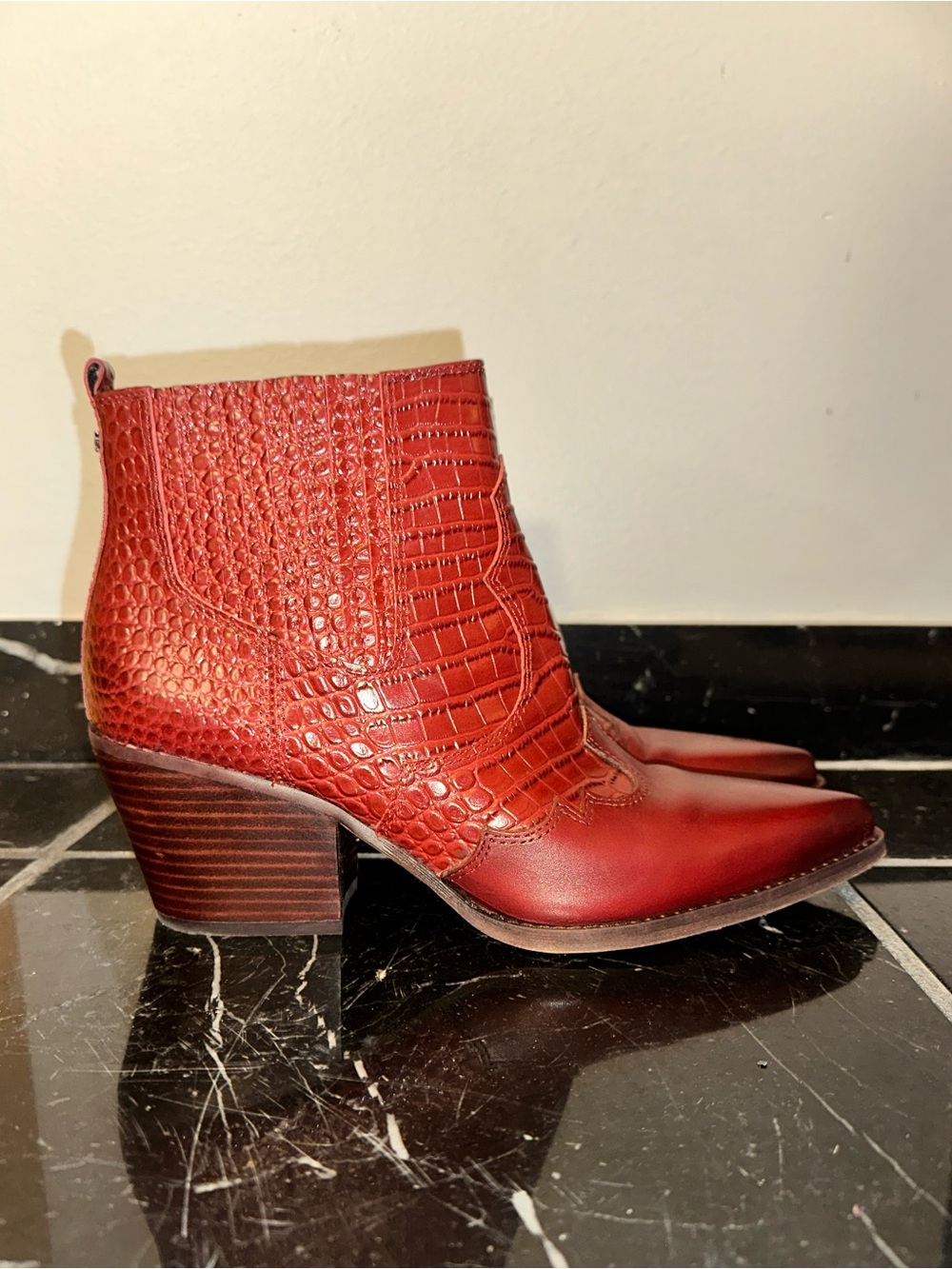 Sam Edelman Women’s Western Ankle Boot in Red Croc-Embossed Leather